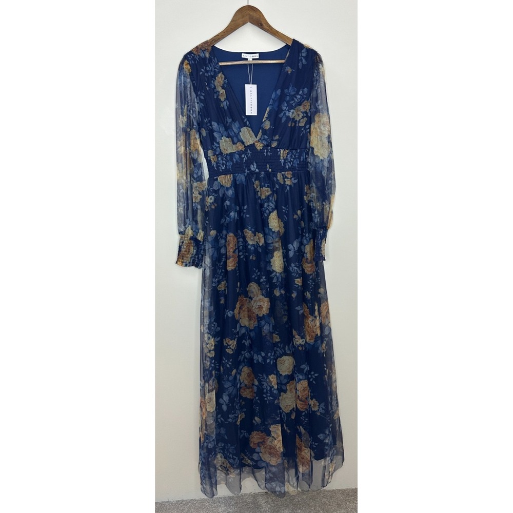 NEW Baltic Born Layla Tulle Maxi Dress Blue Golden Floral V-Neck Smocked Large - Picture 16 of 16